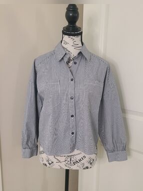 Shirt Blue/White Striped Cotton Button Up  Size S Made In Italy Boxy Cropped